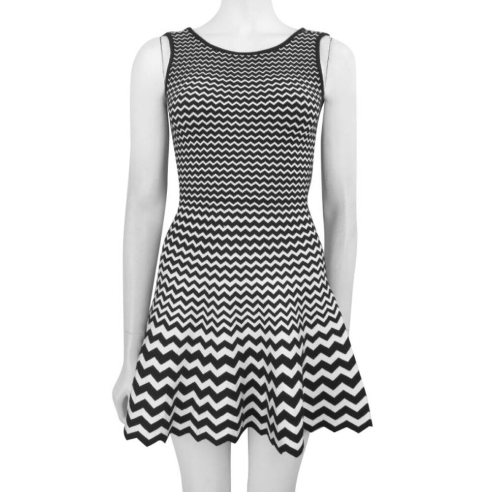 GIG BLACK AND WHITE ZIG ZAG KNIT FIT & FLARE DRESS Size Small